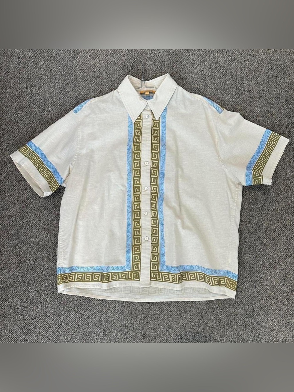 Vrg Grl Linen Cream Short-Sleeve Button-Down Shirt with Blue & Olive Trim